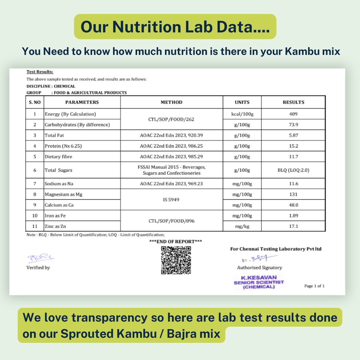 Pearl Millet (Kambu) nutrition facts showing protein, fiber, iron, and calcium values