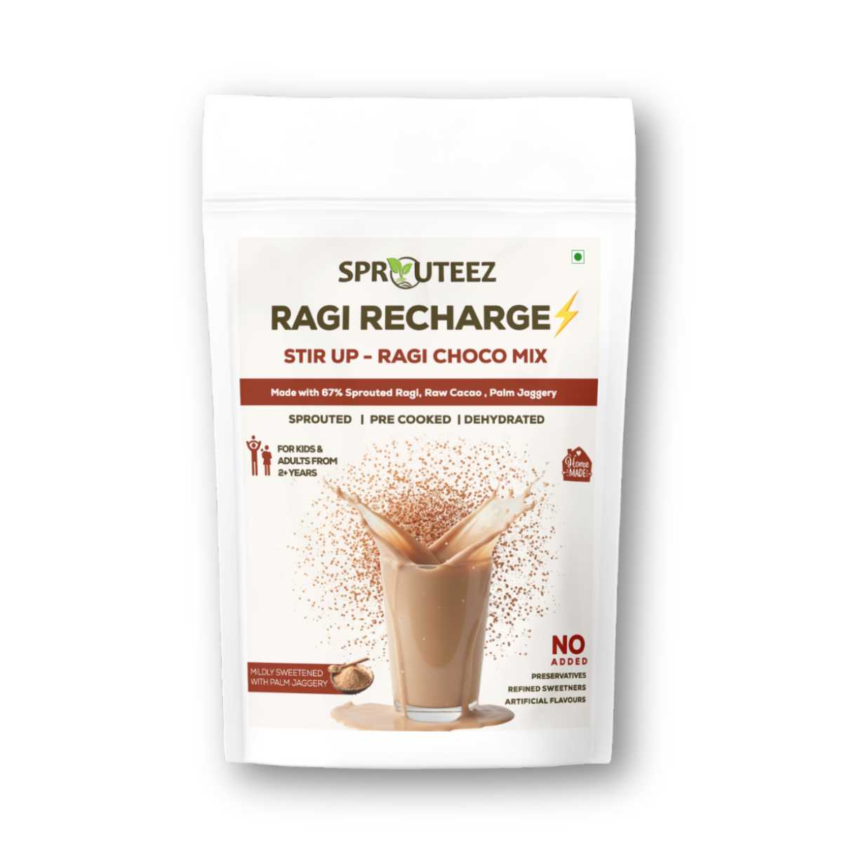 Sprouteez Ragi Recharge Stir Up Ragi Choco Mix packaging on a white background