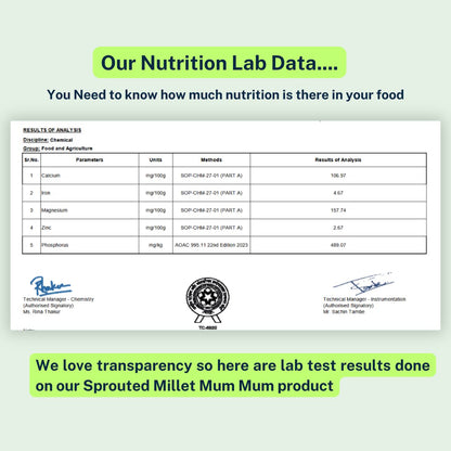 A Table showing the Nutrition test results of Sathumaavu minerals like Calcium, Iron , Magnesium and Phosphorus