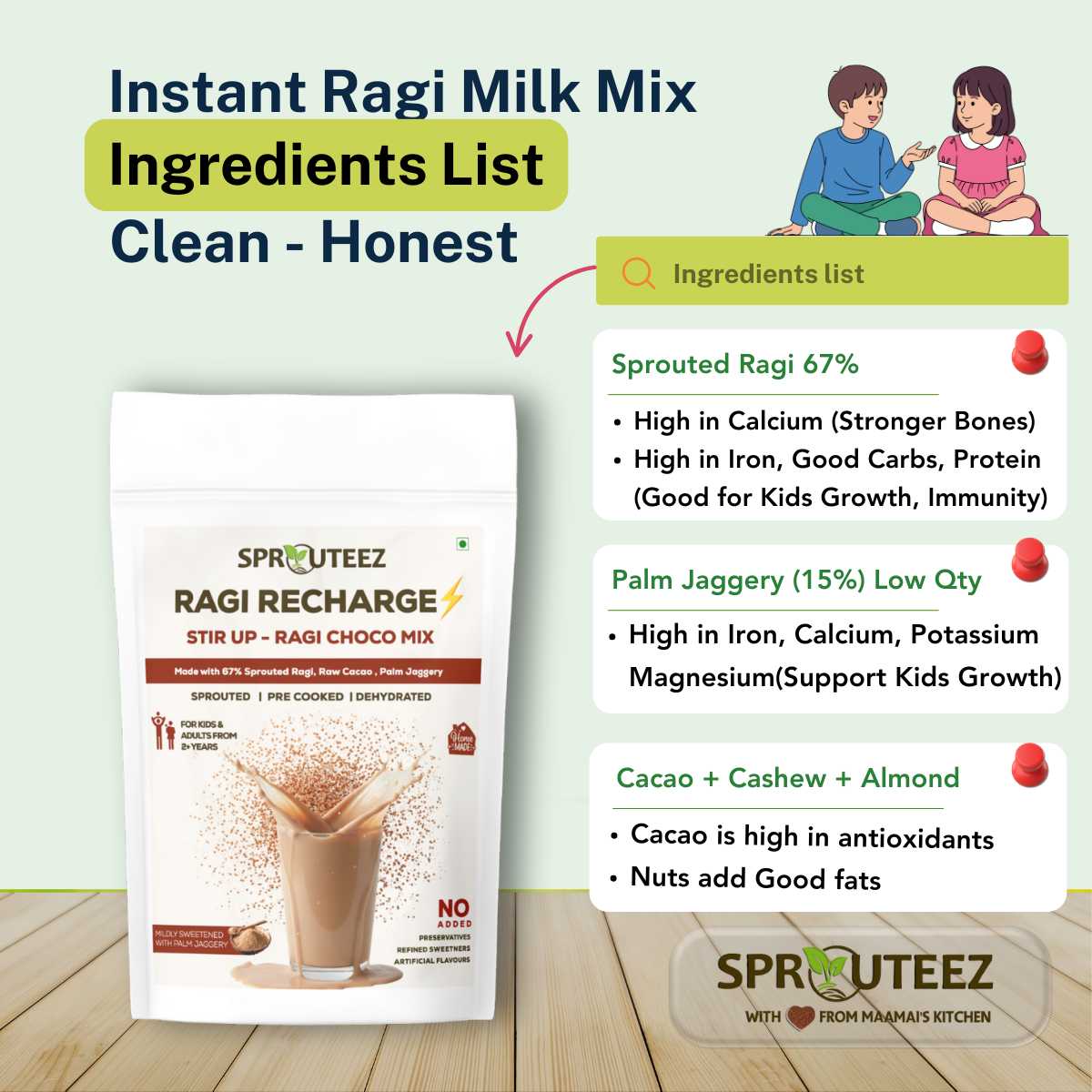 Spruteez Ragi Recharge instant ragi milk mix packaging with ingredients list on a wooden surface.