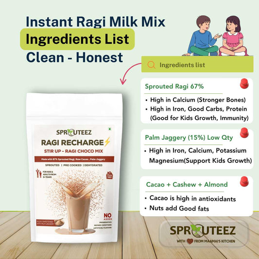 Spruteez Ragi Recharge instant ragi milk mix packaging with ingredients list on a wooden surface.